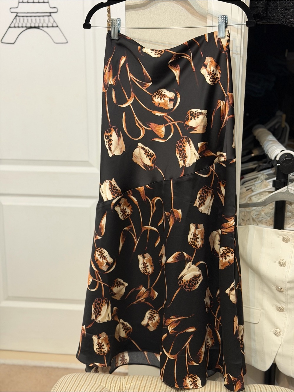 White House Black Market Black Midi Dress with Cream & Brown Floral Print